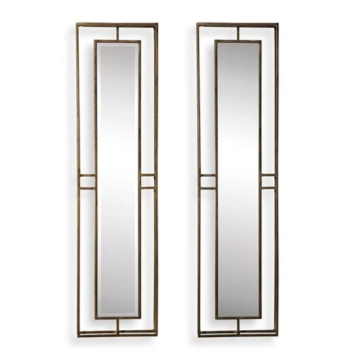 UTTERMOST 07082 RUTLEDGE SET OF 2 ANTIQUE GOLD LINEAR METAL FRAME BEVEL MIRRORS - Picture 2 of 5