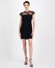 BOSS Black Domina Sheer Lace-Trim Yoke Stretch Crepe Cocktail LBD Dress XL 14/16
