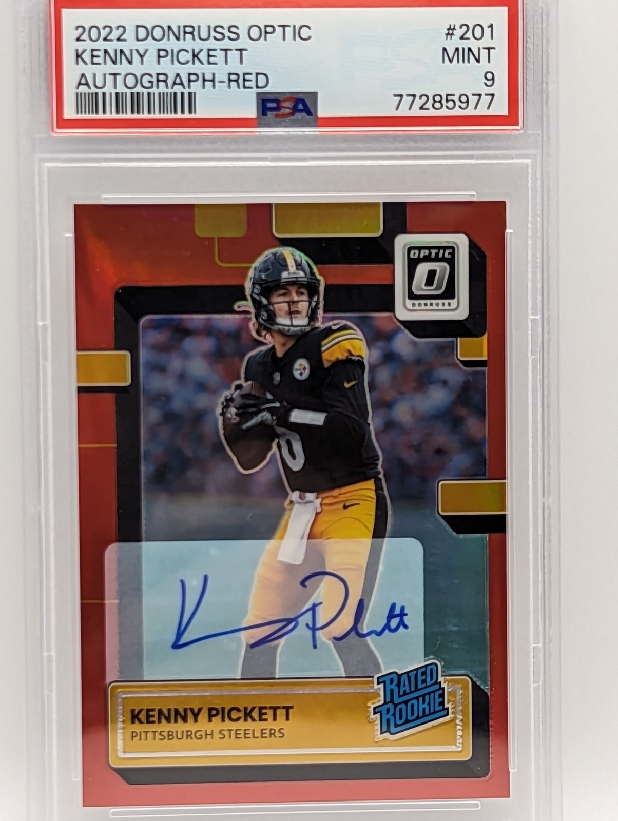 2022 Panini Donruss Optic Football Kenny Pickett Red Rookie Auto/ 75 PSA 9