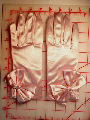 Miss D's Favorite Garden Work Gloves Wedding Prom Stretch Satin Peach w/ Bow