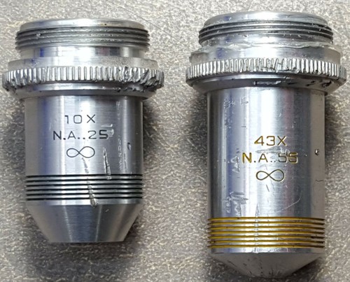 American Optical. 2 OBJETIVOS DE MICROSCOPIO AO 10X&43X.10X/N.A..25 ∞ &43X N.A..55∞. - Imagen 2 de 10