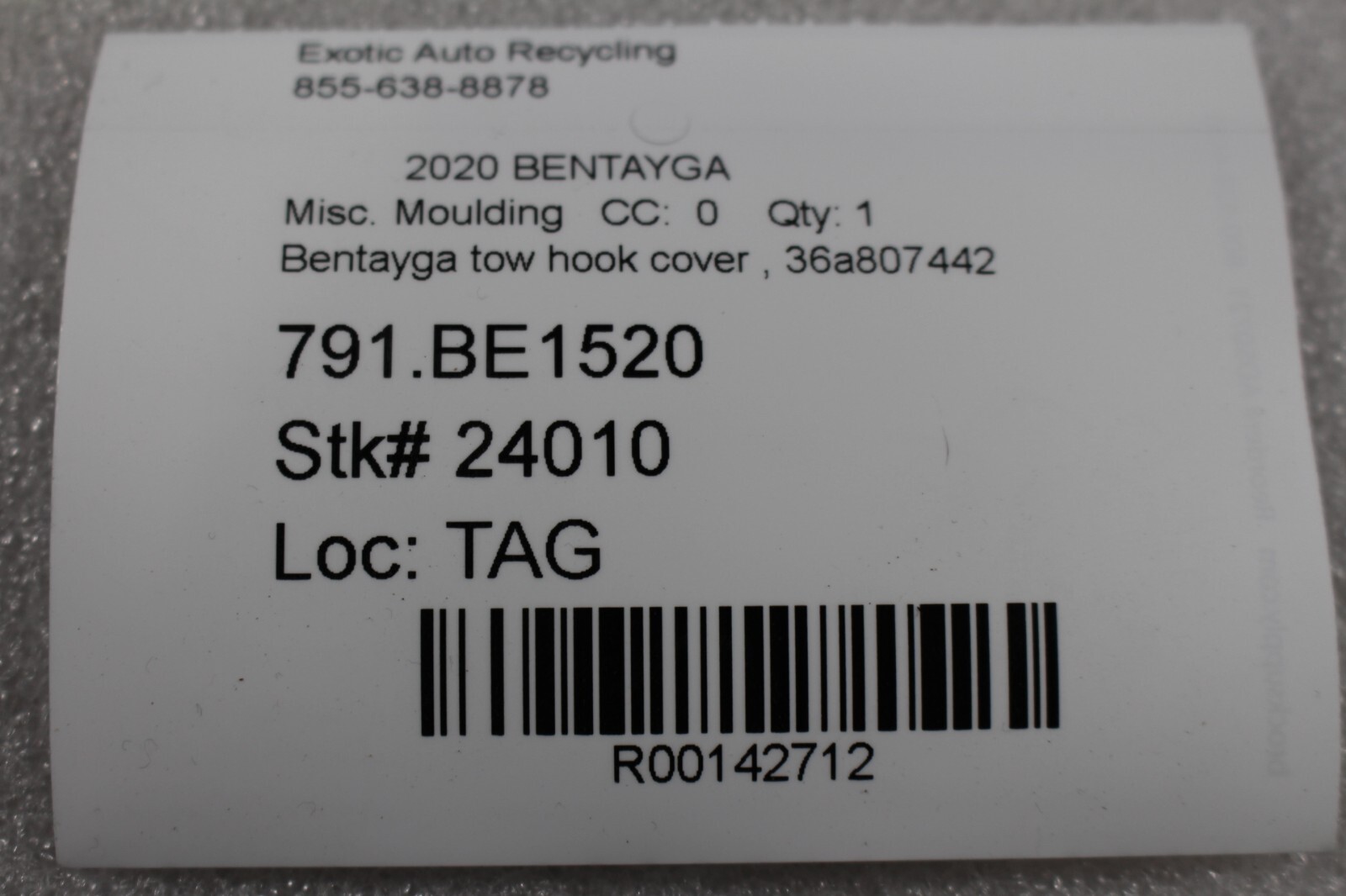 2020 Bentley Bentayga, Tow Hook Cover, Used, P/N 36a807442