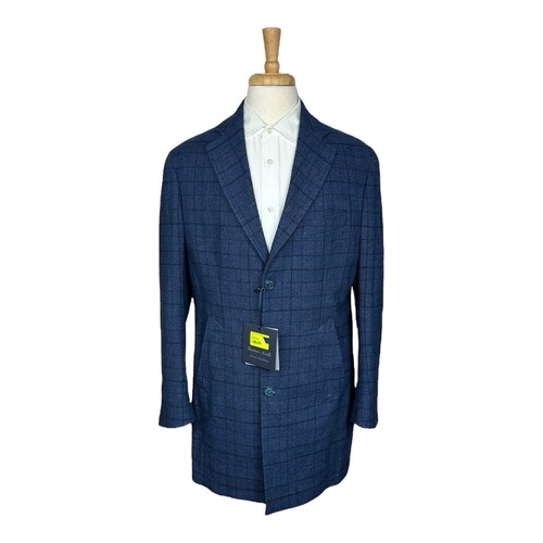 Gaetano Aiello Sartoria Napoletana Blue Checked Wool Topcoat Size 46R NWT