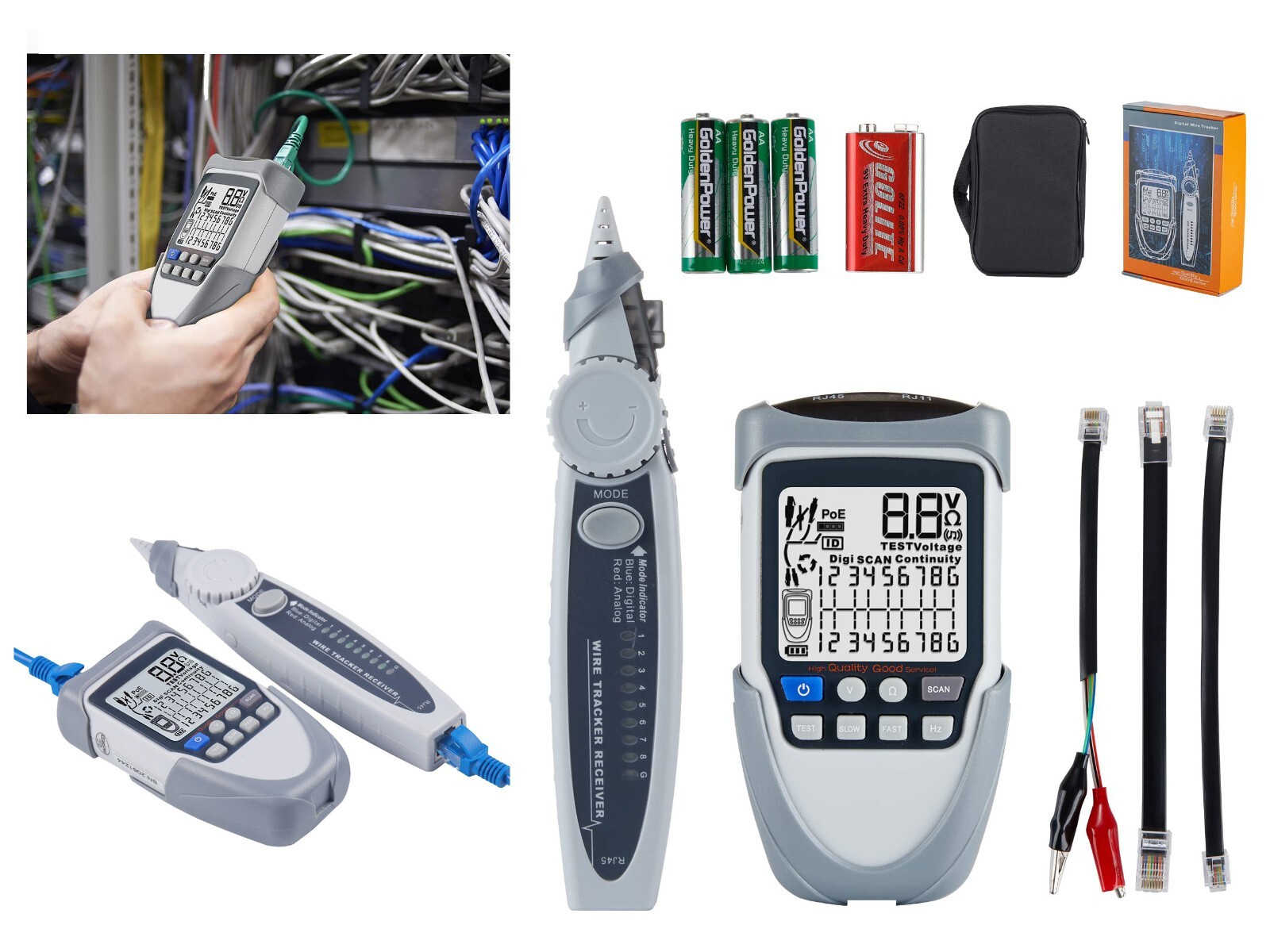 Tester Rete RJ45 RJ11. Mappe, Continuità, Poe, Tensione, Cannocchiale VP612