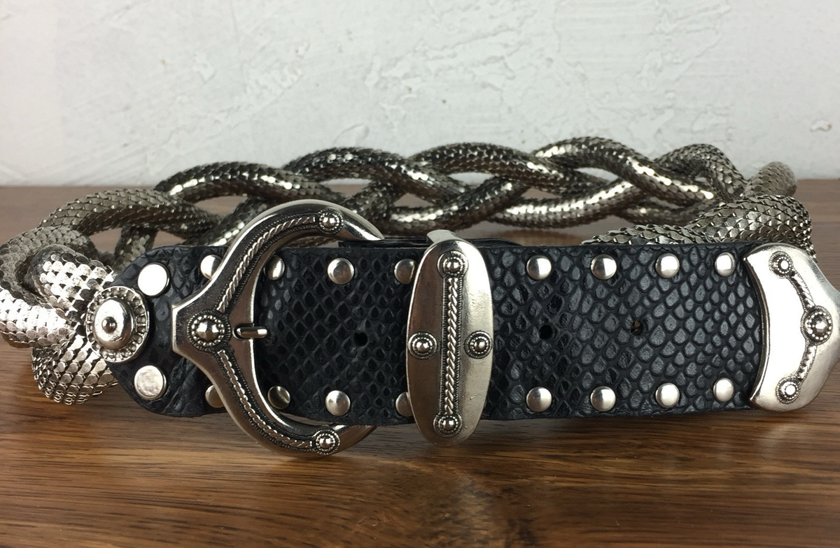 RARE USMACO Paris Braided Metal Scale Mesh Belt S/M Snake Embossed Leather  80s