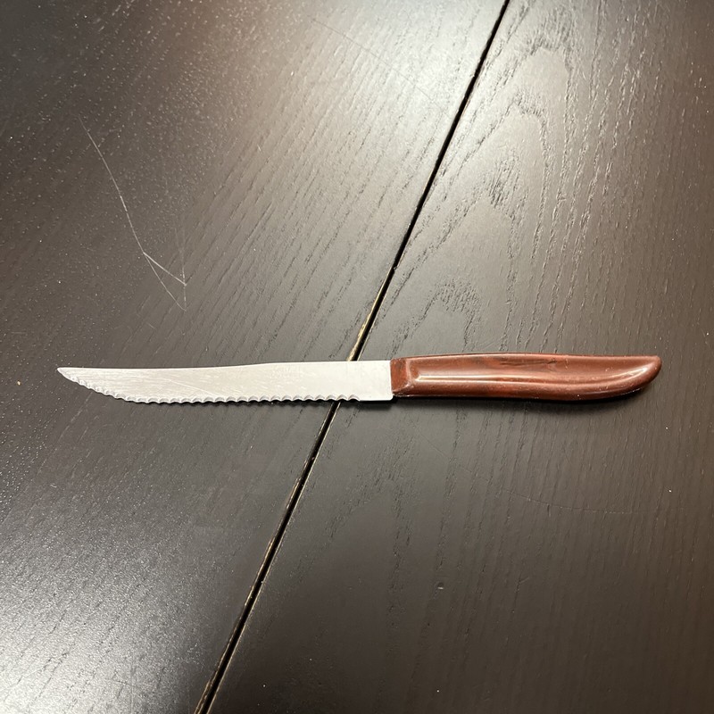 Vintage Quikut QUIKKLE Stainless Steel Steak Knives Brown Swirl Handle