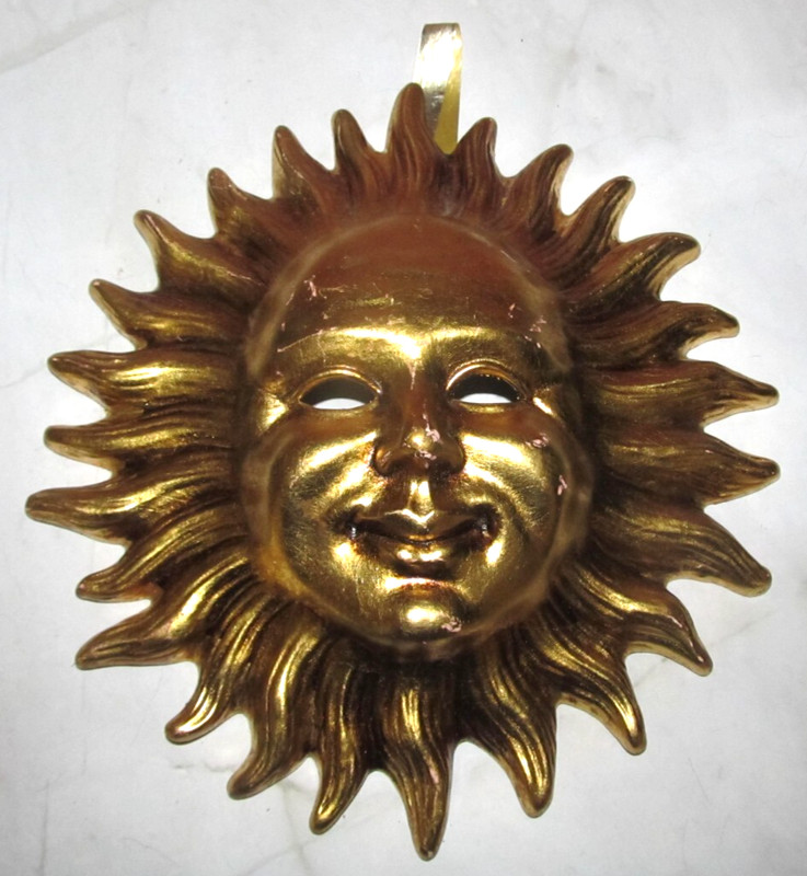 Mexican Ceramic Sun Face Wall Hanging Pottery Folk Art Decor Gold Metallic Paint