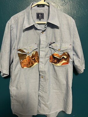 LRG Lifted Research Group woven button up short Sleeve shirt 2x XXL Blue Rare