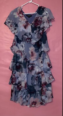 ignite evenings floral print dress SLNY Women's Printed Satin High Low Dress, Navy Blue, 12