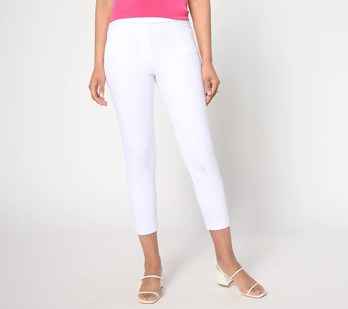 Susan Graver Status Stretch Ponte Knit Crop Pants-White-Petite
