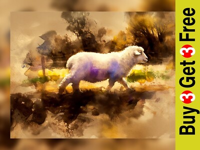 Friedliche grasende Schafe 5''x7'' Druck auf mattem Papier | Warm Bauernhof Landschaft Malerei
