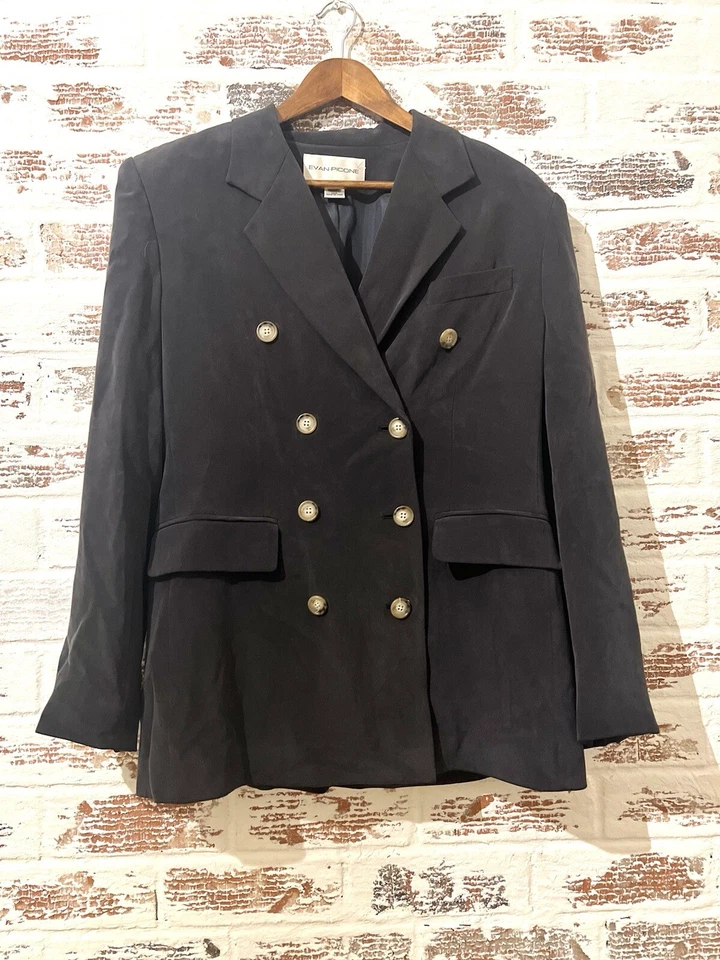 Evan Picone Blazer Jacket Silk Career Office Double Breasted Classic Gray Sz 10 - Image 2 of 4