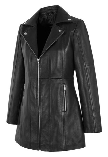 NOORA Women's Biker Style Leather Jacket Black Mid Length Slim Fit Coat - Picture 2 of 6