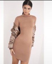 Ladies Bodycon Dress Camel curve hem high neck long sleeve bodycon M Size 4