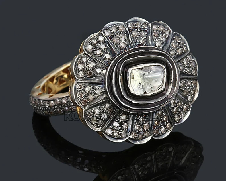Designer Statement Cocktail Ring with Natural Polki and Pave Diamond Slice for Weddings