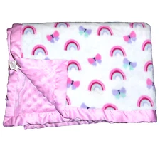 Parents Choice Pink Rainbow Butterfly Baby Blanket Minky Dot Satin Trim Security