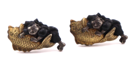 Vintage Rare Japanese Menuki cufflinks made from sword fittings Silver (24-1144) - Picture 1 of 3