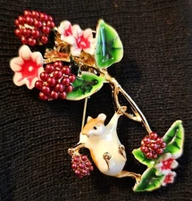 Beautiful Squirrel Brooch on Gold Berry Branch Springtime Wedding Jewelry Gift's