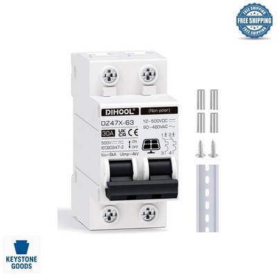 30A 2-Pole Solar Disconnect Switch - DIN Rail Mount, AC/DC Circuit Breaker, R...