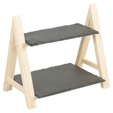 2 Tier Slate & Wood Snack Display Stand Buffet Cupcake Dessert Serving Shelf
