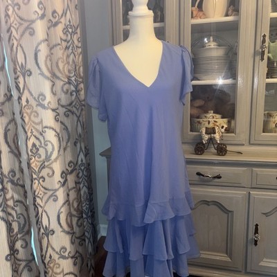 Lauren Ralph Lauren 14 Periwinkle Blue Crinkle Georgette Drop-Waist Ruffle Dress