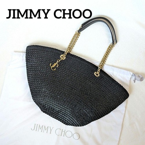 Jimmy Choo Mari Raffia Tote Bag Black Chain Shoulder Gold Logo Charm Authentic