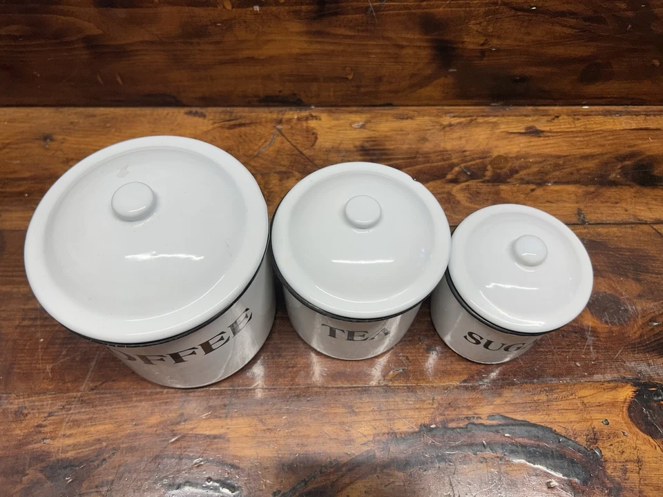 Фермерский дом кофе чай сахар белый черный эмалированная посуда канистра набор металлический коттедж винтажный - Изображение 3 из 4