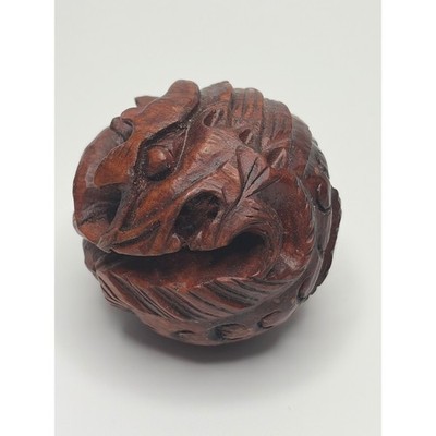 Vintage Hand Carved Wood Netsuke Ball-shaped Dragon Ball Orb Sculpture Figurine