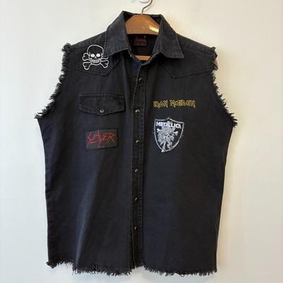Fiend Black Pearl Snap Cut Off Vest Shirt Medium Iron Maiden Rock Metal Patches