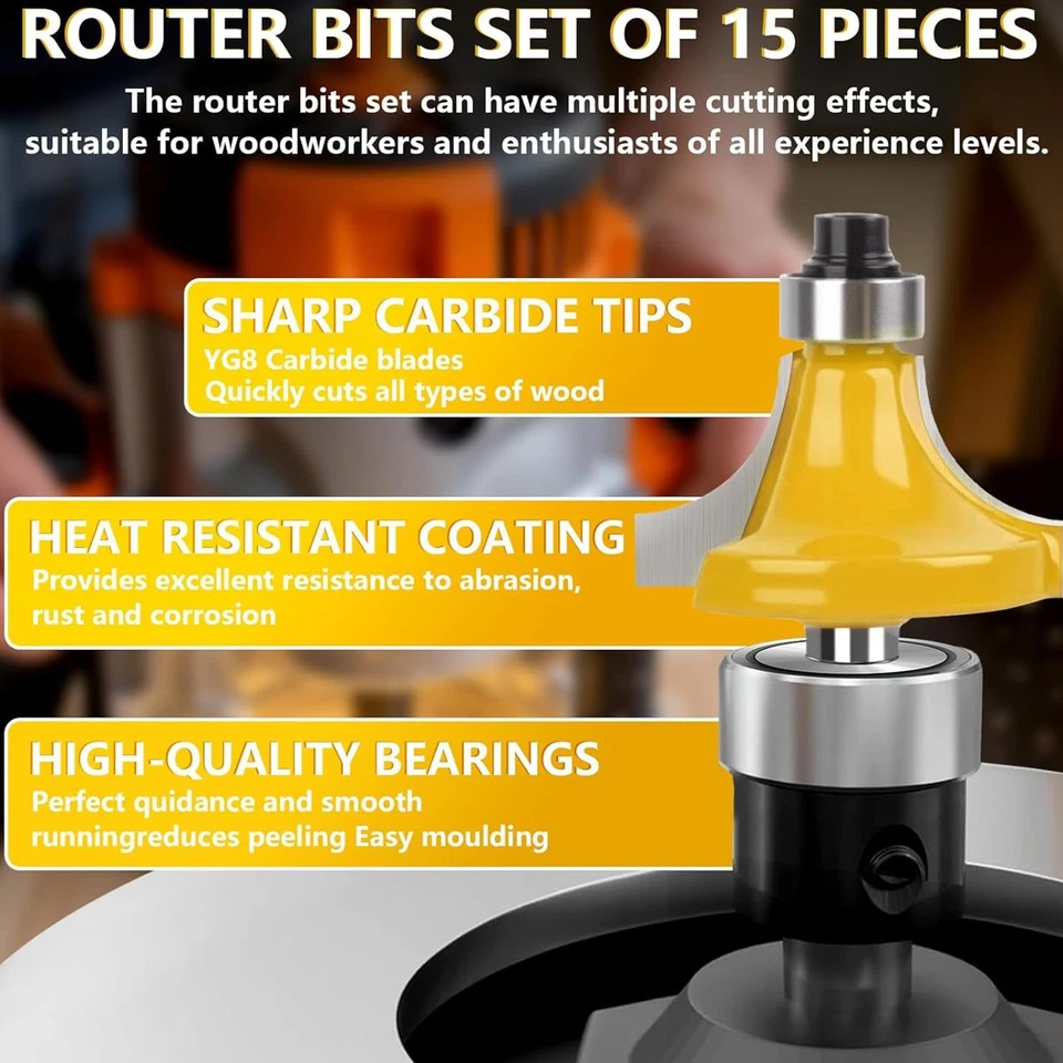 17Pcs 1/4" Tungsten Carbide Tipped TCT Router Bits Shank Wood Sealed Bearing Set - Image 3 of 4