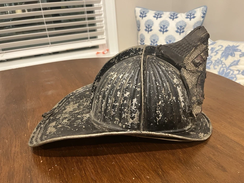 Antique 1920s Bullard Fire Helmet Metal & Leather “1 LIEUT F.D.” Eagle Finial - Image 3 of 4