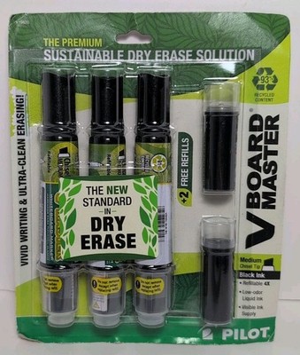 Pilot V Board Master Dry Erase Whiteboard Markers  Black, 3 Pack With 2 Refills