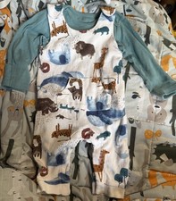 M&S baby Outfit Set Animals dungarees with teal long vest Neutral 3-6mths. GC