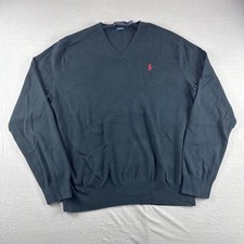 Polo Ralph Lauren Pima Cotton Sweatshirt Mens L Black V-Neck Sweater Red Pony