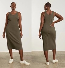 Everlane Sz XS The 90's Rib Midi Dress Olive Green Scoop Neck EUC Stretch
