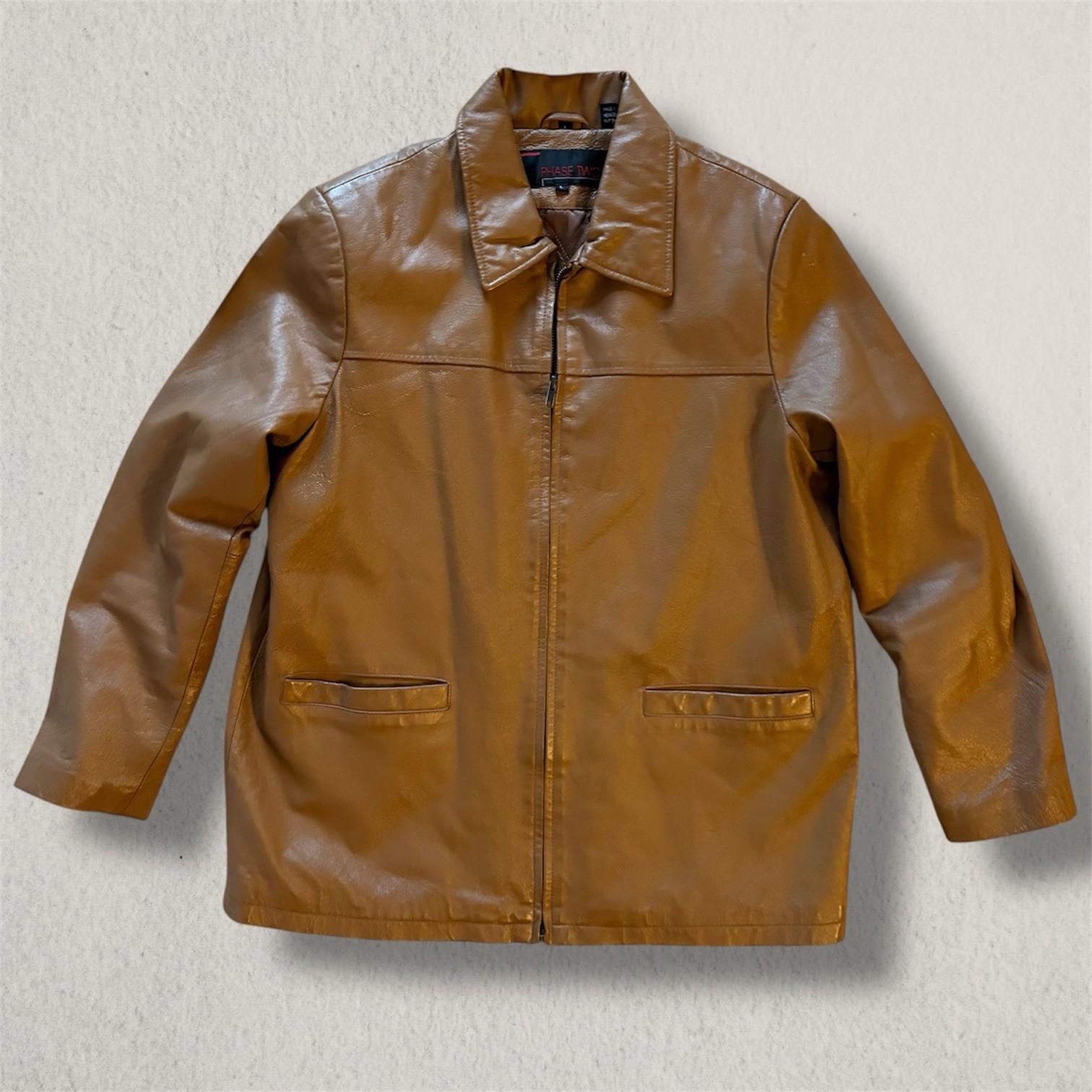 Vintage Phase Two Zip Up Genuine Brown Tan Leather Bomber Jacket Size Large L