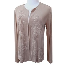 CHICO'S Travelers 1 Slinky Open Jacket Top M/8 Floral Embroidered Beige Tan