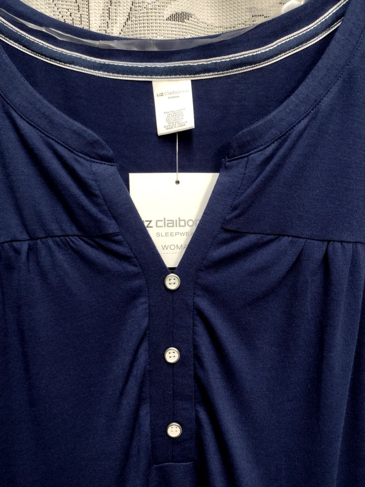 2X JUEGO DE PIJAMAS LIZ CLAIBORNE TOP DE PUNTO AZUL MARINO Y PANTALONES CORTOS TEJIDOS DELANTEROS PULL-UP Foto 4 de 4