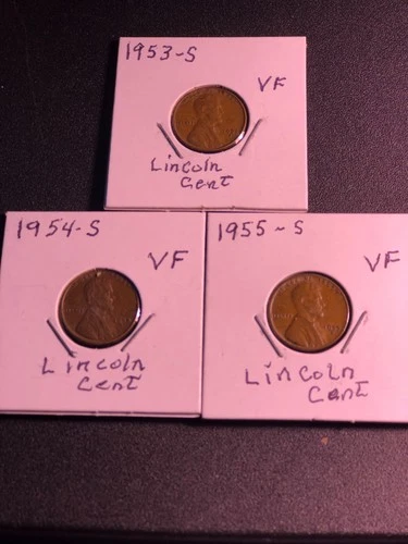 (3) Lincoln wheat cent pennys, 1953S-1955S all VF