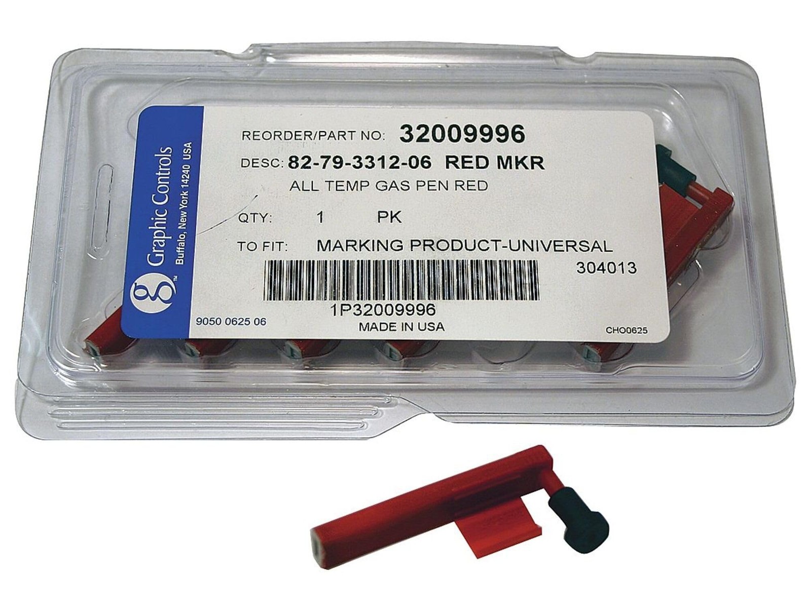 Clear plastic case with six red marking pens, white label showing part numbers and text “Made in U.S.A.”