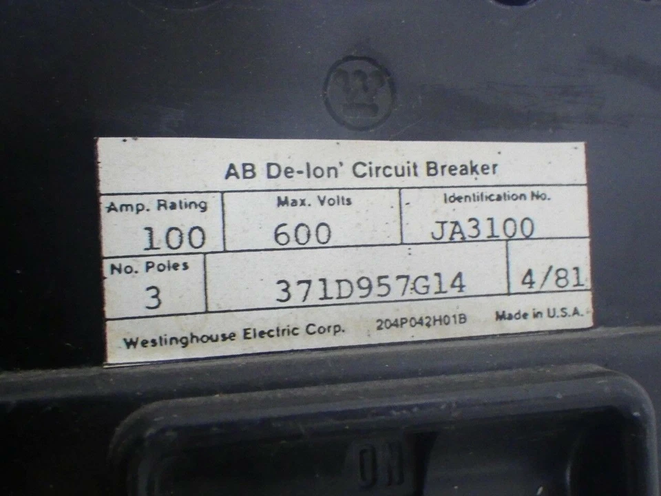 JA3100 1494D42 -N2 AB AB -DE-LON breaker 600V  100AMP 3Poles (Used Tested) - Image 3 of 4