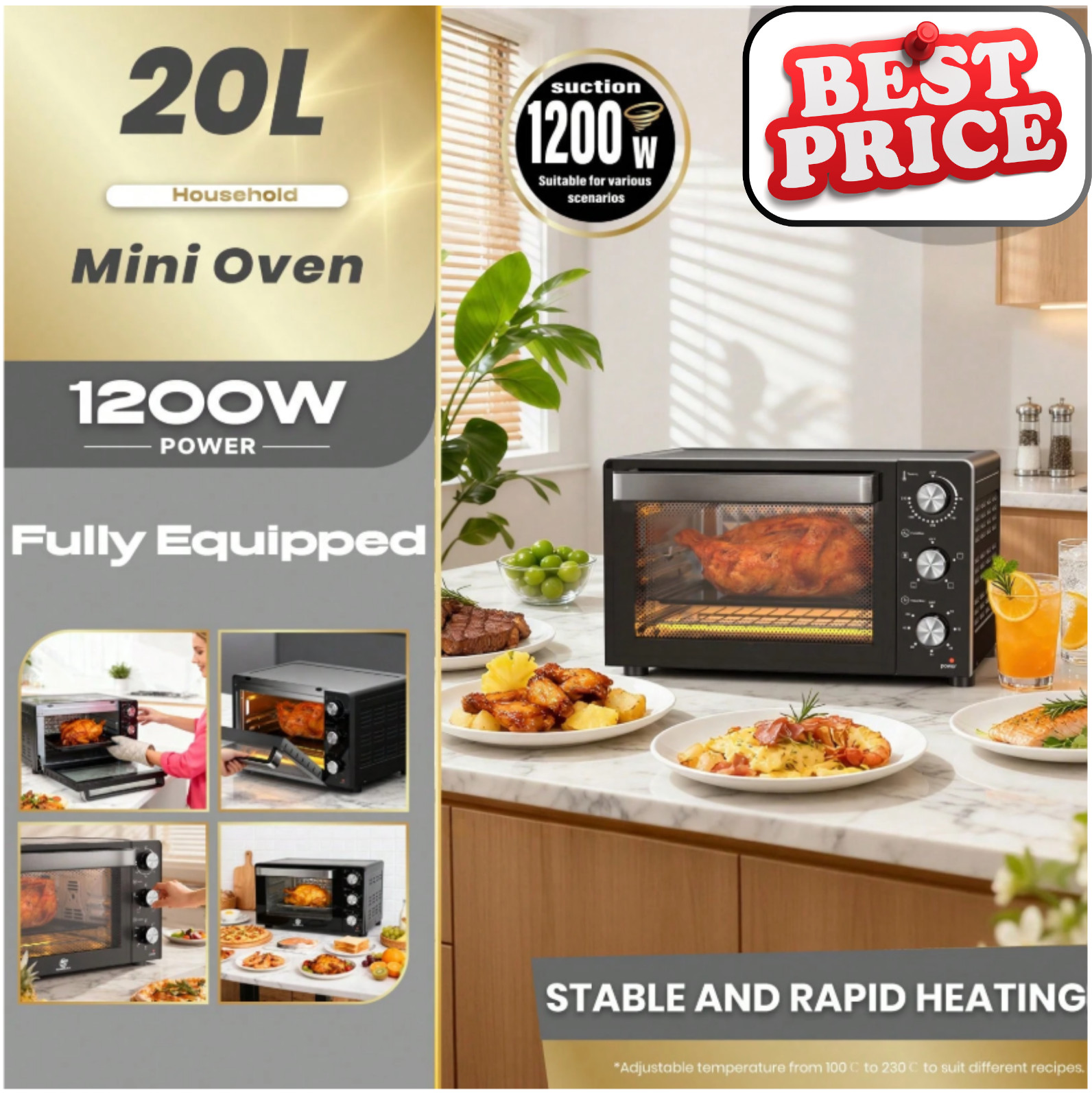 New 20 Litre 1200W Cooking, Toaster Oven & Grill_Adjustable Temp_BEST PRICE