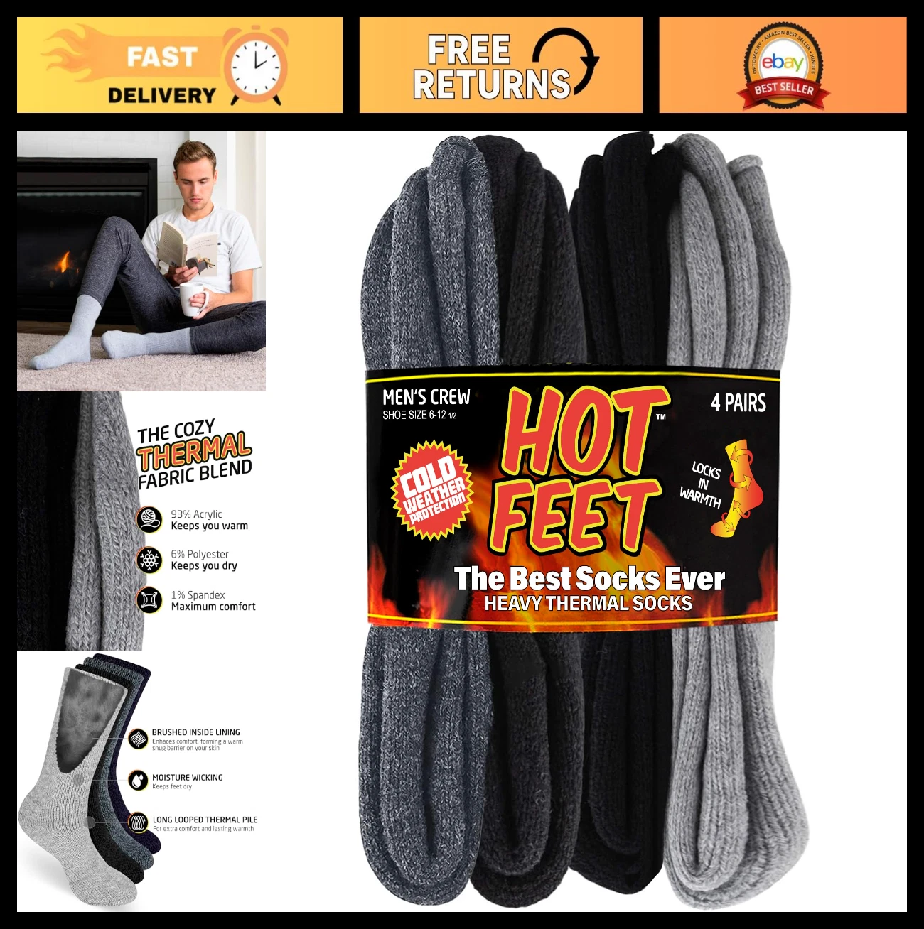 Thick Thermal Socks for Men - Cold Weather Insulated Winter Socks, 2/4 Pack, Siz