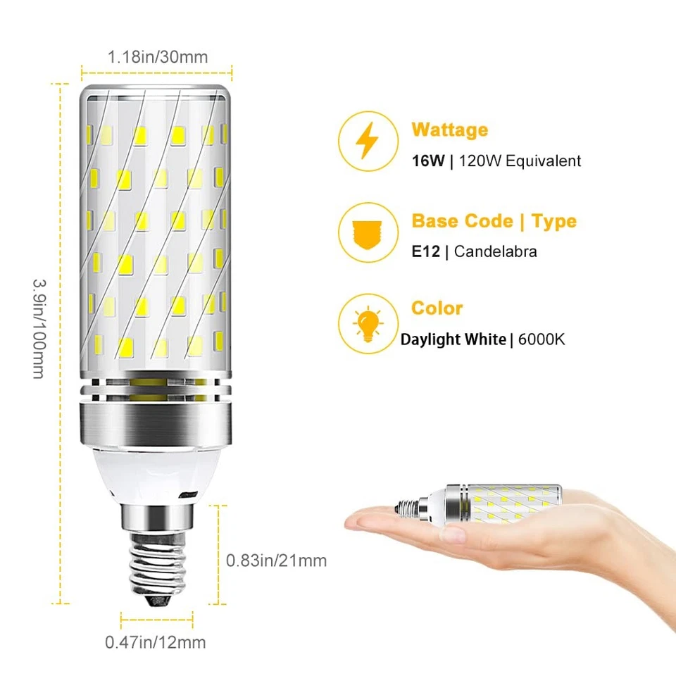 E12 LED Bulb, 6000K Daylight White Light Bulbs, 16W 1500LM Led Corn Bulb, 120... - Image 2 of 4