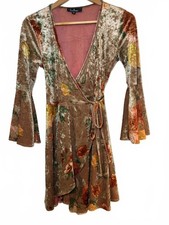 LULUS Floral Mauve/Brown Velvet Mini Wrap Dress SZ XS Bell Sleeves Romantic BOHO