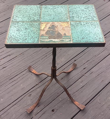 Antique Art Deco Pottery Tile Top IronBase California Table Mission Sailing Ship