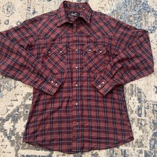 VTG 80's Levi  s Western Pearl Snap Long Sleeve Plaid Button Up Shirt Medium USA