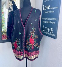 Vintage Plus Size Ugly Christmas Sweater Vest Button Black Cardinals Sz 18/20W