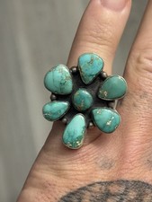 STERLING SILVER NATIVE AMERICAN SW EMERALD VALLEY TURQUOISE CLUSTER RING ADJ 925