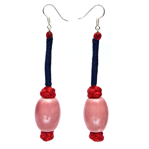 Boucles d'oreilles en porcelaine rose et satin rouge faites main